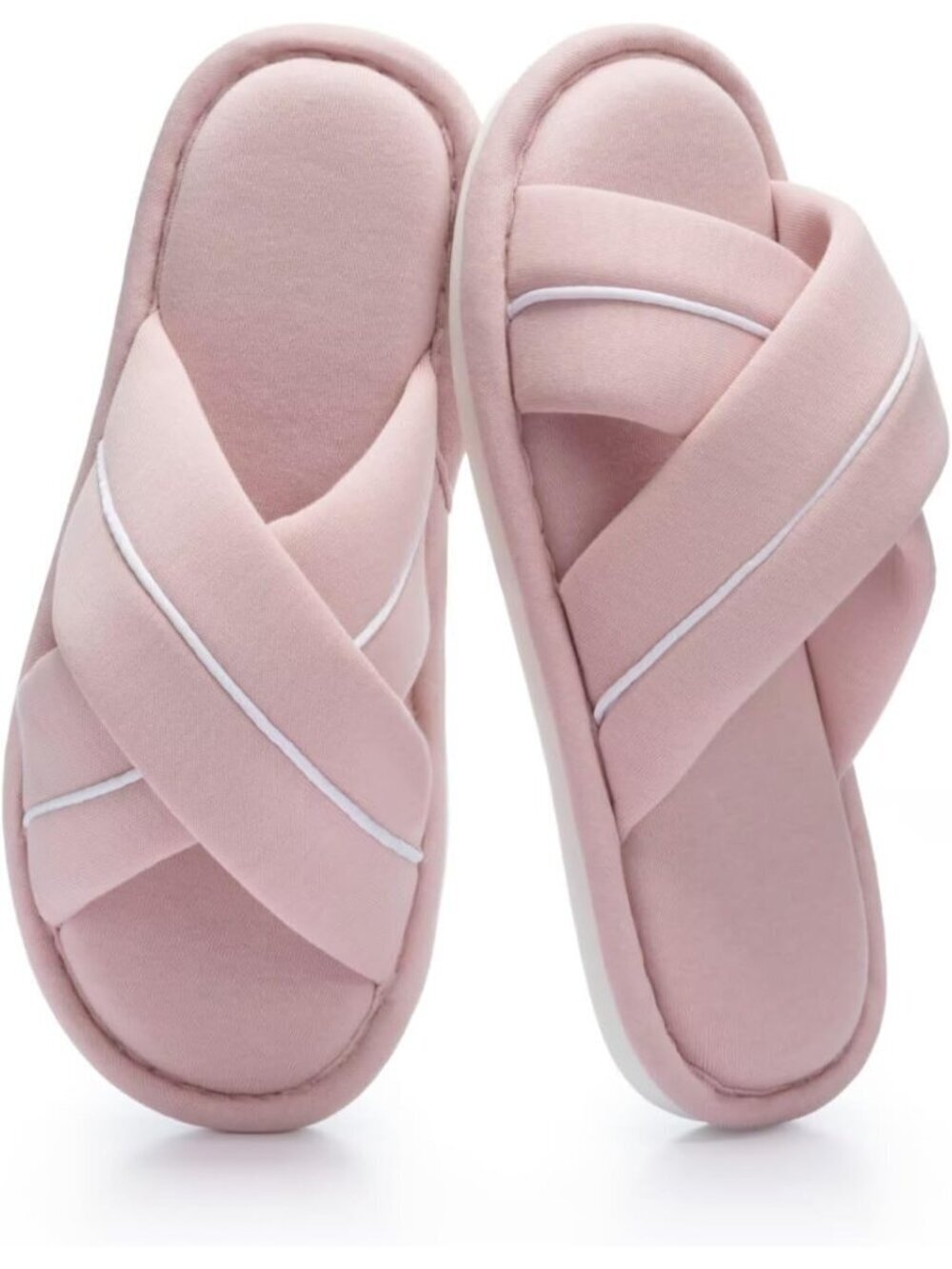 Women's Pink Cross Band Open Toe Slippers With Memory Foam Comfort Cotton Shoes